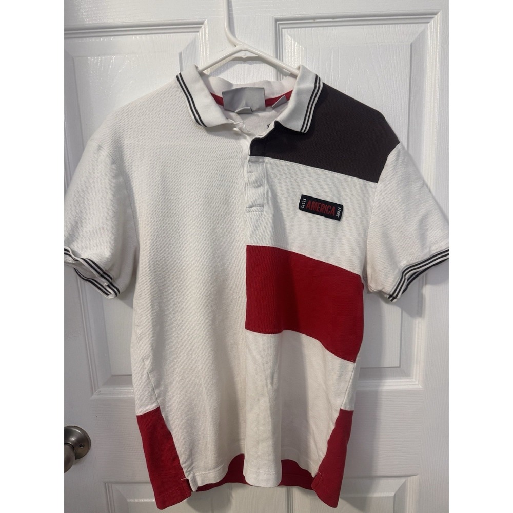 Perry Ellis America Polo Shirt Mens M White Red Black Colorblock Big Logo Vtg
